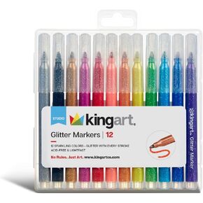 KINGART GLITTER MARKERS 12 Sparkling Colors with Gold & Silver, Non-Toxic Water Based Glitter Pens Writes on Multiple Surfaces with Bullet tip for Adult Coloring Books, Craft, Doodling, Drawing in Kuwait