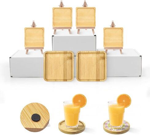 6Pcs Wooden Square Mosaic Bases with 24 Non Slip Pads for Mosaic Coaster Kit, DIY Wooden Coaster Supplies for Handcrafted Glass Mosaic Tiles Crafts, Tabletop Decor for Adults & Kids in Saudi Arabia