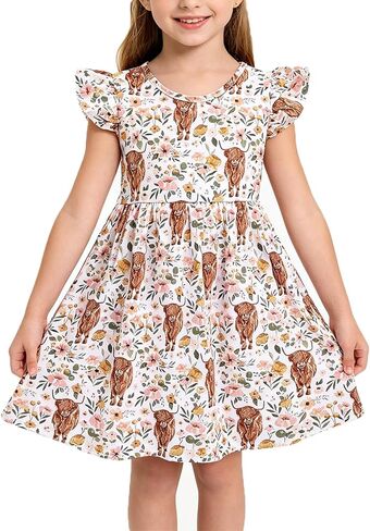 nebljgo Infant Baby Girls Highland Cow Flutter Sleeve Pearl Cow Children Girl Spring Summer Kids Dress in Saudi Arabia