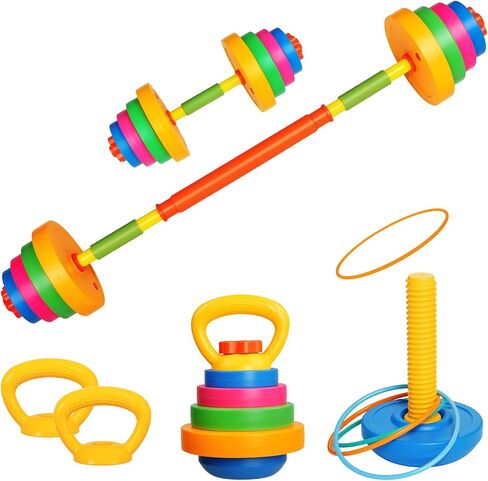 5-in-1 Kids Weight Set - Adjustable Kids Workout Equipment with Barbell, Dumbbells, Toy Kettlebell and Ring Toss - Toddler Weights Gym Set Gift for Boys Girls Ages 3-8 in Kuwait