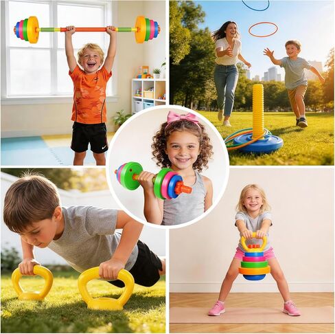 5-in-1 Kids Weight Set - Adjustable Kids Workout Equipment with Barbell, Dumbbells, Toy Kettlebell and Ring Toss - Toddler Weights Gym Set Gift for Boys Girls Ages 3-8 in Kuwait