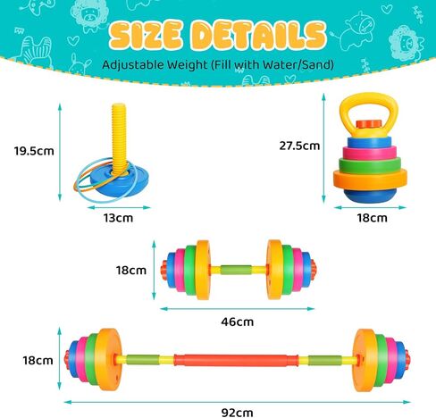 5-in-1 Kids Weight Set - Adjustable Kids Workout Equipment with Barbell, Dumbbells, Toy Kettlebell and Ring Toss - Toddler Weights Gym Set Gift for Boys Girls Ages 3-8 in Kuwait