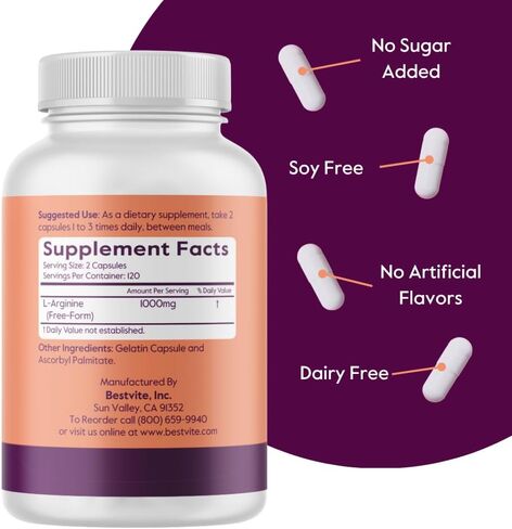 BESTVITE L-Arginine 500mg (240 كبسولة) - بدون ستيرات المغنيسيوم - بدون ثاني أكسيد السيليكون - بدون مواد مالئة - غير معدل وراثيًا - خالي من الغلوتين in Saudi Arabia
