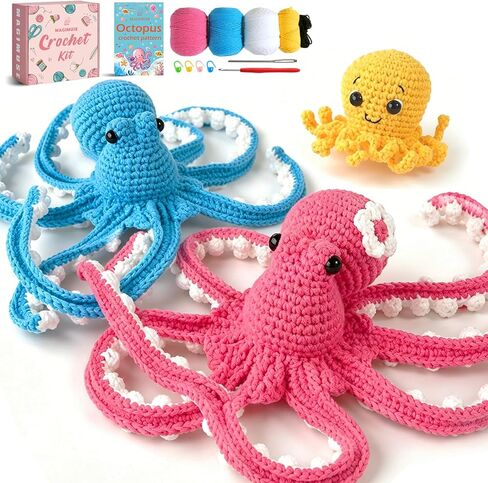 MAGIMUSE Crochet Kit for Beginners, Octopus Family Amigurumi Set with Step-by-Step Video Tutorials – DIY Craft Knitting Supplies, 40% More Yarn in Kuwait