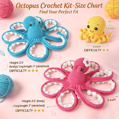 MAGIMUSE Crochet Kit for Beginners, Octopus Family Amigurumi Set with Step-by-Step Video Tutorials – DIY Craft Knitting Supplies, 40% More Yarn in Kuwait