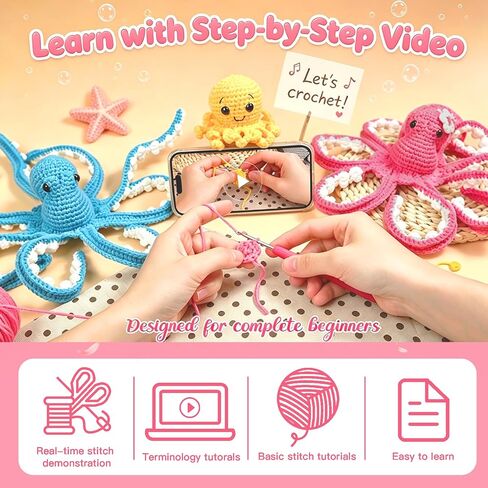 MAGIMUSE Crochet Kit for Beginners, Octopus Family Amigurumi Set with Step-by-Step Video Tutorials – DIY Craft Knitting Supplies, 40% More Yarn in Kuwait