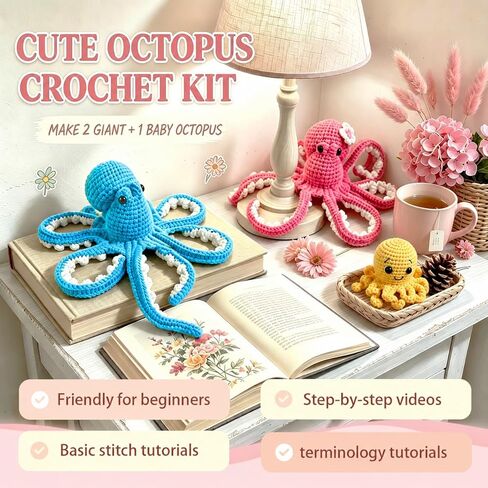 MAGIMUSE Crochet Kit for Beginners, Octopus Family Amigurumi Set with Step-by-Step Video Tutorials – DIY Craft Knitting Supplies, 40% More Yarn in Kuwait