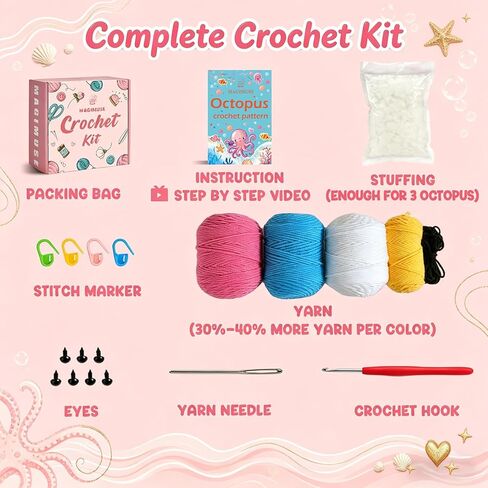 MAGIMUSE Crochet Kit for Beginners, Octopus Family Amigurumi Set with Step-by-Step Video Tutorials – DIY Craft Knitting Supplies, 40% More Yarn in Kuwait