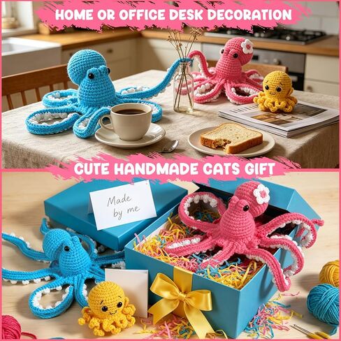 MAGIMUSE Crochet Kit for Beginners, Octopus Family Amigurumi Set with Step-by-Step Video Tutorials – DIY Craft Knitting Supplies, 40% More Yarn in Kuwait