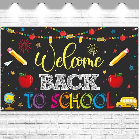 Welcome Back to School Banner Party Decorations Backdrop Black First Day of School Garland Pencil Apple Background for Classroom Teacher Office Home Decor Photo Backdrop Favors 5.9 x 3.6 ft in Kuwait