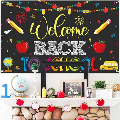 Welcome Back to School Banner Party Decorations Backdrop Black First Day of School Garland Pencil Apple Background for Classroom Teacher Office Home Decor Photo Backdrop Favors 5.9 x 3.6 ft in Kuwait