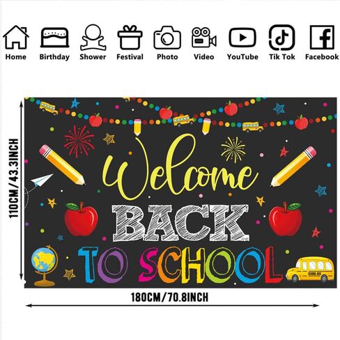 Welcome Back to School Banner Party Decorations Backdrop Black First Day of School Garland Pencil Apple Background for Classroom Teacher Office Home Decor Photo Backdrop Favors 5.9 x 3.6 ft in Kuwait