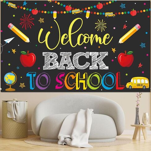 Welcome Back to School Banner Party Decorations Backdrop Black First Day of School Garland Pencil Apple Background for Classroom Teacher Office Home Decor Photo Backdrop Favors 5.9 x 3.6 ft in Kuwait