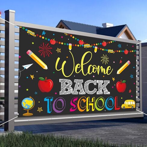 Welcome Back to School Banner Party Decorations Backdrop Black First Day of School Garland Pencil Apple Background for Classroom Teacher Office Home Decor Photo Backdrop Favors 5.9 x 3.6 ft in Kuwait
