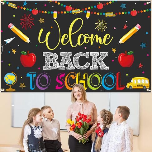 Welcome Back to School Banner Party Decorations Backdrop Black First Day of School Garland Pencil Apple Background for Classroom Teacher Office Home Decor Photo Backdrop Favors 5.9 x 3.6 ft in Kuwait
