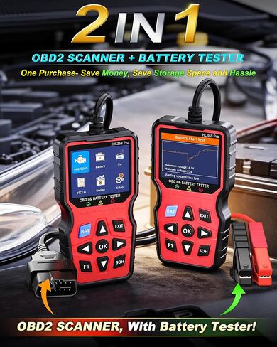 ماسح ضوئي OBD2 2 في 1 مع جهاز اختبار البطارية: 1S قراءة ومسح رموز المحرك + اختبار البطارية في 3 دقائق - أداة تشخيص السيارة بنفسك مع مضخمات تدوير باردة للسلامة قبل الرحلة على مركبات 1996+ in Kuwait