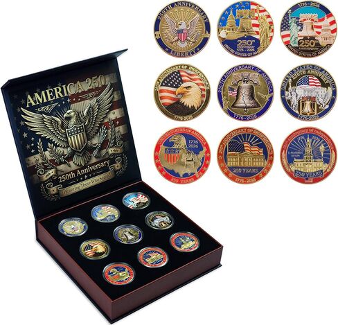 9PCS 250th Anniversary Coin Pack, Patriotic Eagle Metal Coins Set with Storage Case, Vintage Tribute Gift for Veterans Men Dad 2026 in Kuwait