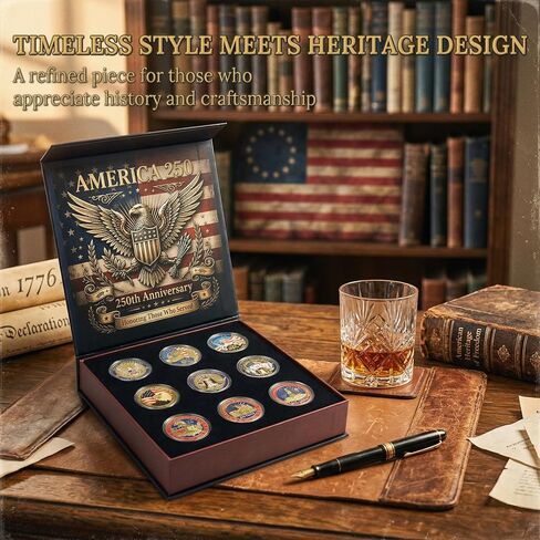 9PCS 250th Anniversary Coin Pack, Patriotic Eagle Metal Coins Set with Storage Case, Vintage Tribute Gift for Veterans Men Dad 2026 in Kuwait