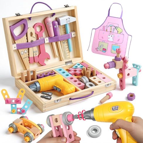 TONZE Pink Wooden Kids Tool Set with Drill 44Pcs Educational Montessori Toys for 3 Year Old Girl, STEM Toys Toddler Tool Set with Apron & Box Birthday Gifts for 3 4 5 6 Year Old Girls in Kuwait