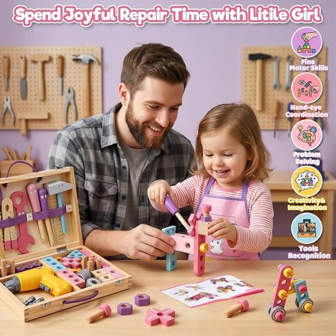 TONZE Pink Wooden Kids Tool Set with Drill 44Pcs Educational Montessori Toys for 3 Year Old Girl, STEM Toys Toddler Tool Set with Apron & Box Birthday Gifts for 3 4 5 6 Year Old Girls in Kuwait