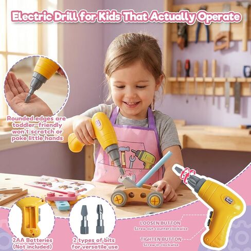 TONZE Pink Wooden Kids Tool Set with Drill 44Pcs Educational Montessori Toys for 3 Year Old Girl, STEM Toys Toddler Tool Set with Apron & Box Birthday Gifts for 3 4 5 6 Year Old Girls in Kuwait