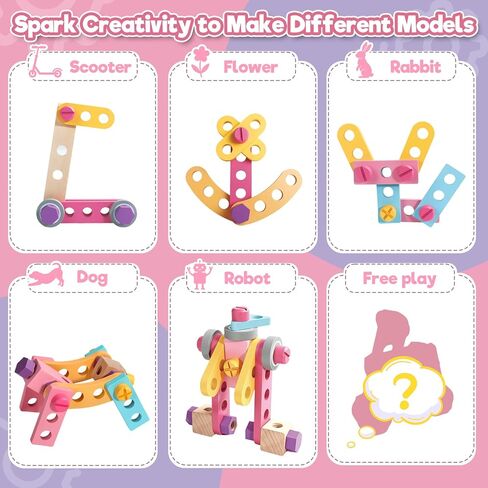 TONZE Pink Wooden Kids Tool Set with Drill 44Pcs Educational Montessori Toys for 3 Year Old Girl, STEM Toys Toddler Tool Set with Apron & Box Birthday Gifts for 3 4 5 6 Year Old Girls in Kuwait