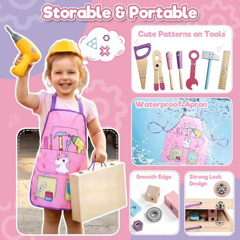 TONZE Pink Wooden Kids Tool Set with Drill 44Pcs Educational Montessori Toys for 3 Year Old Girl, STEM Toys Toddler Tool Set with Apron & Box Birthday Gifts for 3 4 5 6 Year Old Girls in Kuwait