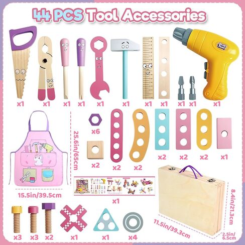 TONZE Pink Wooden Kids Tool Set with Drill 44Pcs Educational Montessori Toys for 3 Year Old Girl, STEM Toys Toddler Tool Set with Apron & Box Birthday Gifts for 3 4 5 6 Year Old Girls in Kuwait