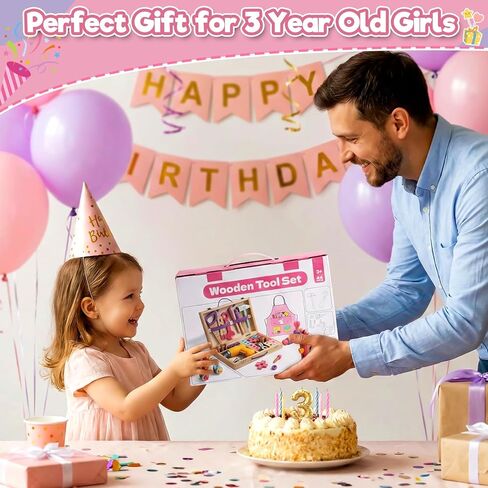 TONZE Pink Wooden Kids Tool Set with Drill 44Pcs Educational Montessori Toys for 3 Year Old Girl, STEM Toys Toddler Tool Set with Apron & Box Birthday Gifts for 3 4 5 6 Year Old Girls in Kuwait
