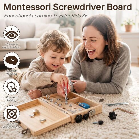 Lehoo Castle Montessori Screwdriver Board Set, Wooden Busy Board with Lock and Key, Kid Tool Set Montessori Toys for Toddlers 3-5, Preschool Learning Fine Motor Skills Toys Sensory Gift in Kuwait