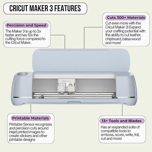 آلة قطع Cricut Maker 3 مع حزمة فينيل قوس قزح - آلة قطع القوالب الإلكترونية مع مجموعة متنوعة من الفينيل، وشريط النقل وأدوات إزالة الأعشاب الضارة، ومجموعة المبتدئين، واتصال بلوتوث in Kuwait