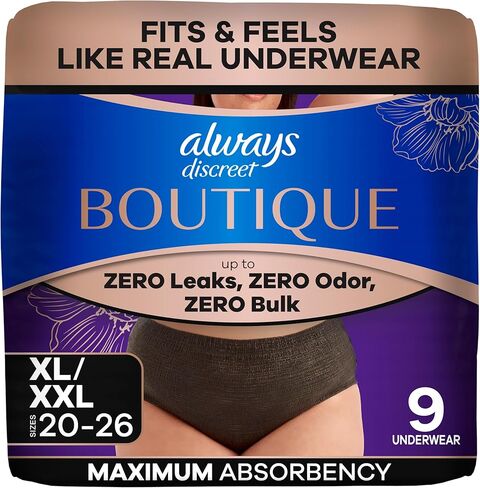 ملابس داخلية نسائية من Always Discreet Boutique لسلس البول وما بعد الولادة للنساء، أقصى قدر من الحماية، مقاس XL، أسود، 9 قطع in Saudi Arabia