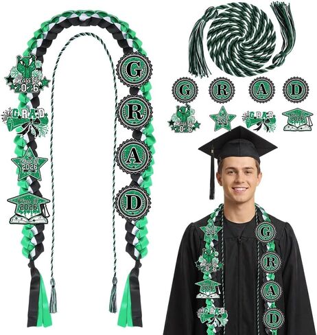 2026 أسود أخضر التخرج Leis Honor Cords مع شرابة ودبوس، فئة من 2026 Grad التطريز بقع لوازم الحفلات للتخرج من المدرسة الثانوية in Kuwait