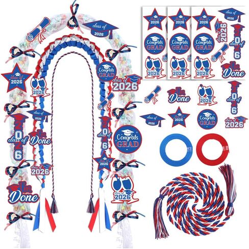2026 أزرق أبيض وأحمر شريط التخرج أكياس الحلوى Lei Kit Honor Cords مع شرابة، فئة من 2026 غراد بقع التطريز مع دبابيس لوازم الحفلات للتخرج من المدرسة الثانوية in Kuwait