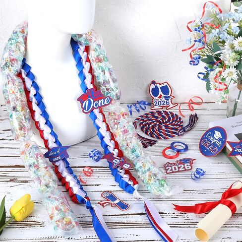 2026 أزرق أبيض وأحمر شريط التخرج أكياس الحلوى Lei Kit Honor Cords مع شرابة، فئة من 2026 غراد بقع التطريز مع دبابيس لوازم الحفلات للتخرج من المدرسة الثانوية in Kuwait