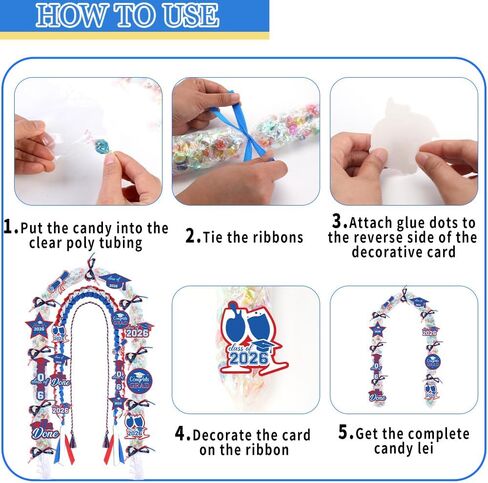 2026 أزرق أبيض وأحمر شريط التخرج أكياس الحلوى Lei Kit Honor Cords مع شرابة، فئة من 2026 غراد بقع التطريز مع دبابيس لوازم الحفلات للتخرج من المدرسة الثانوية in Kuwait