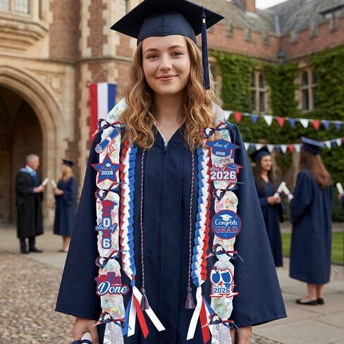 2026 أزرق أبيض وأحمر شريط التخرج أكياس الحلوى Lei Kit Honor Cords مع شرابة، فئة من 2026 غراد بقع التطريز مع دبابيس لوازم الحفلات للتخرج من المدرسة الثانوية in Kuwait