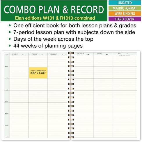 Elan Publishing Company HARDCOVER Combination Plan and Record Book: One efficient 8.5" x 11" Book for Lesson Plans and Grades Combines W101 and R1010 with Bonus Clip-in Bookmark (Rainbow Gold Marble) in Kuwait