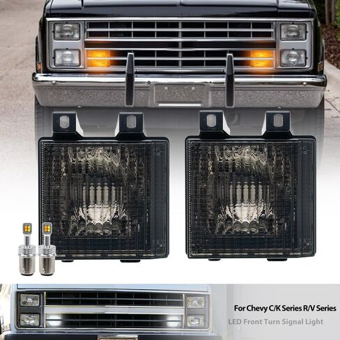 OEM Front Turn Signal Lights for 85-86 Chevy C/K Series & 87-88 R/V Series &K5 Blazer&Jimmy Amber Bumper Signal & White Parking Light Corner Marker OEM# 918046 GM2521110 Smoked Lens With Led Bulbs in Kuwait