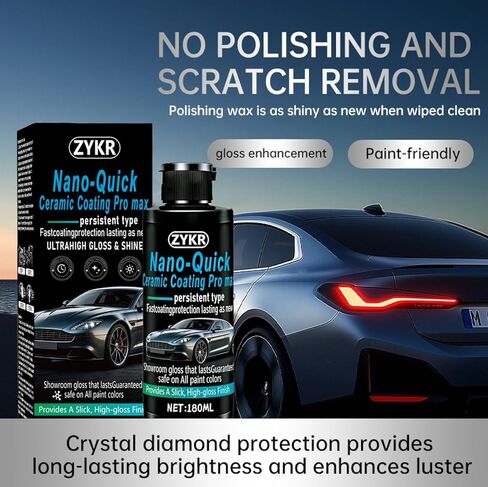 طلاء سيراميك نانو كويك برو ماكس من ZYKR - طلاء سيارات متطور مقاوم للماء ومانع تسرب الطلاء - معرض عالي اللمعان، حماية متعددة الأسطح للطلاء والبلاستيك والمطاط والإطارات، 180 مل (عبوة واحدة) in Kuwait