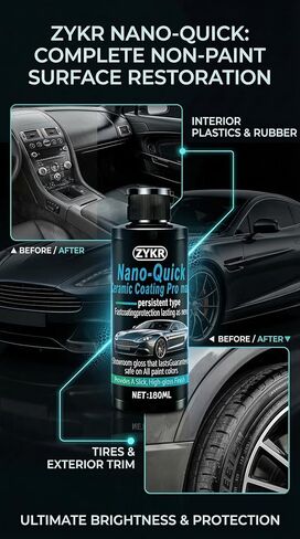 طلاء سيراميك نانو كويك برو ماكس من ZYKR - طلاء سيارات متطور مقاوم للماء ومانع تسرب الطلاء - معرض عالي اللمعان، حماية متعددة الأسطح للطلاء والبلاستيك والمطاط والإطارات، 180 مل (عبوة واحدة) in Kuwait
