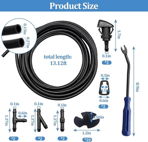 20 in 1 Universal windshield washer hose repair kit - 4M washer fluid hose, 2 Nozzles, 6 Hose Connectors,10 Hood Retainers & fastener removal tool, Suitable for Most Car Windshield Fluid Tubing in Kuwait