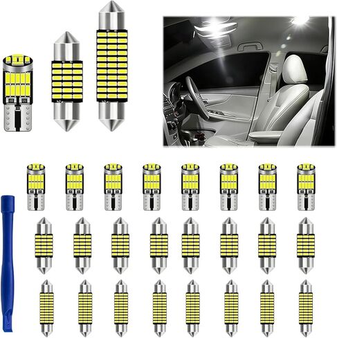 طقم إضاءة داخلية LED للسيارة 24 قطعة، مجموعة مصابيح LED على شكل قبة T10 مقاس 31 مم 41 مم بديلة للوحة الترخيص وباب لوحة الترخيص الجانبية والإضاءة الداخلية لصندوق السيارة، تناسب معظم السيارات وسيارات الدفع الرباعي (أبيض) in Kuwait