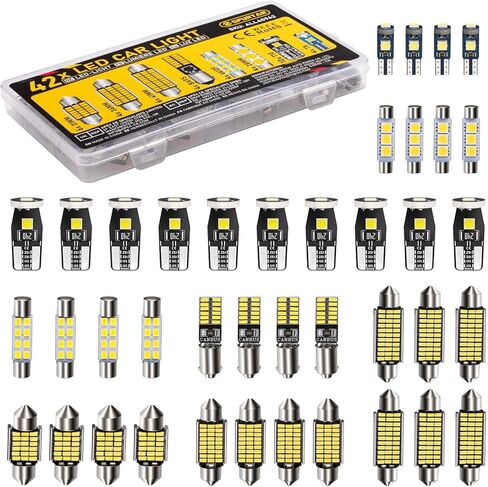 Spurtar 42PCS Interior Car Lights Superior Brightness White Dome Map Tail Cab Lights Bulb Kit Set T5 T10 28mm 31mm 36mm 41mm BA9S 6612F 194 LED Bulb for Trunk Cargo Door Courtesy License Plate Light in Kuwait