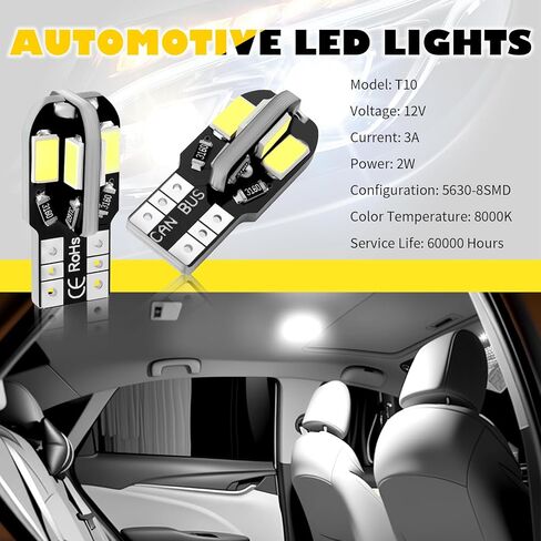 10PCS T10 Interior Car Lights,5630 8SMD Car T10 LED Bulb with High Brightness as Map/Reading/LED License Plate Light Bulbs,12V Inside Cars Lights Bulb Cars Accessories in Kuwait