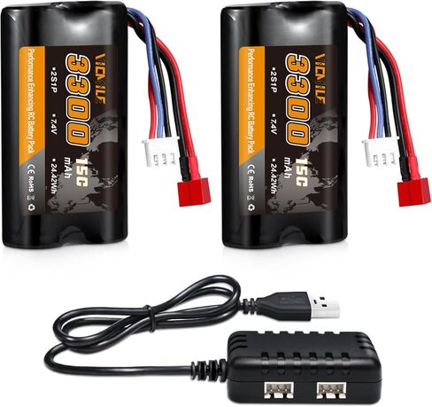 7.4V Li-ion Battery 3300mAh High Capacity RC Battery with Dean-Style T Plug 2S Rechargeable with 1 to 2 USB Charger Fit for WLtoys 4WD High Speed RC Cars Most 1/10, 1/12, 1/16 Truck in Kuwait