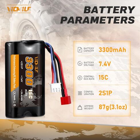 7.4V Li-ion Battery 3300mAh High Capacity RC Battery with Dean-Style T Plug 2S Rechargeable with 1 to 2 USB Charger Fit for WLtoys 4WD High Speed RC Cars Most 1/10, 1/12, 1/16 Truck in Kuwait