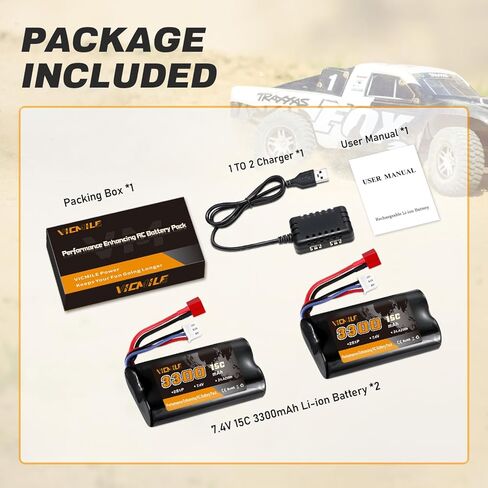 7.4V Li-ion Battery 3300mAh High Capacity RC Battery with Dean-Style T Plug 2S Rechargeable with 1 to 2 USB Charger Fit for WLtoys 4WD High Speed RC Cars Most 1/10, 1/12, 1/16 Truck in Kuwait
