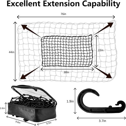 Funmit 22"x38" Cargo Net Stretches to 44"x76", Latex Bungee Cargo Net with 2"X2" Small Mesh and 12 Adjustable Plastic Hooks, for Car ATV Boat SUV Van Trailer Snowmobile (Black) in Kuwait