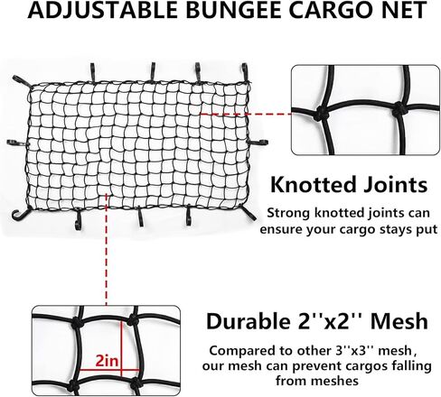 Funmit 22"x38" Cargo Net Stretches to 44"x76", Latex Bungee Cargo Net with 2"X2" Small Mesh and 12 Adjustable Plastic Hooks, for Car ATV Boat SUV Van Trailer Snowmobile (Black) in Kuwait